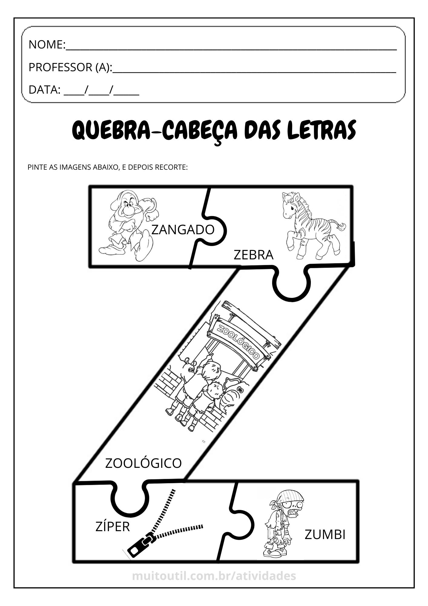 Atividade letra Z Alfabeto Quebra Cabeça Muito Útil